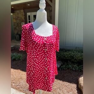 JODIFL Red Button-Front Short Sleeve Blouse with White Abstract Print NWT ❤️